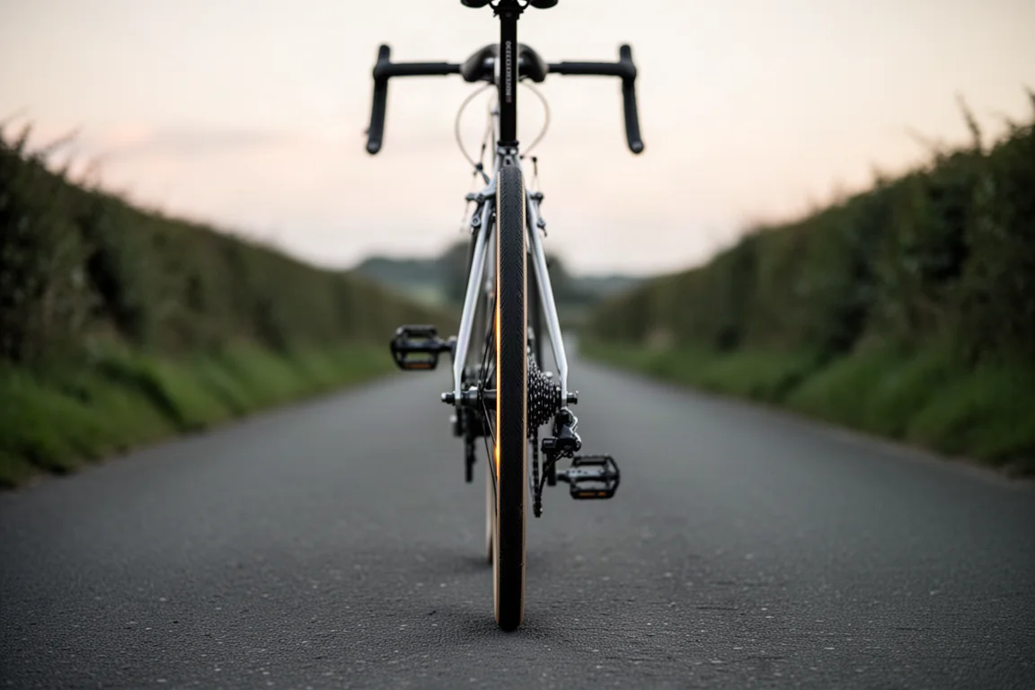 Rear view of a bicycle on a quiet tarmac road at dusk