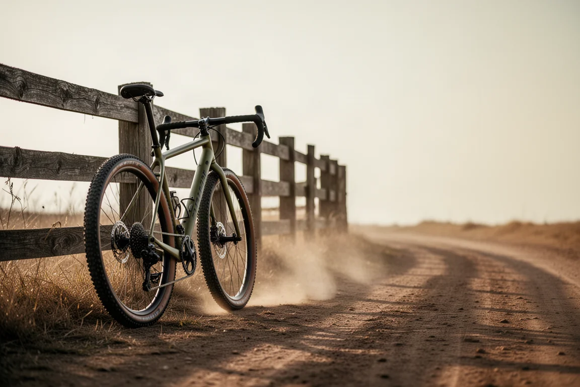 Gravel bike leaning on a wooden fence beside a dirt track in late afternoon light