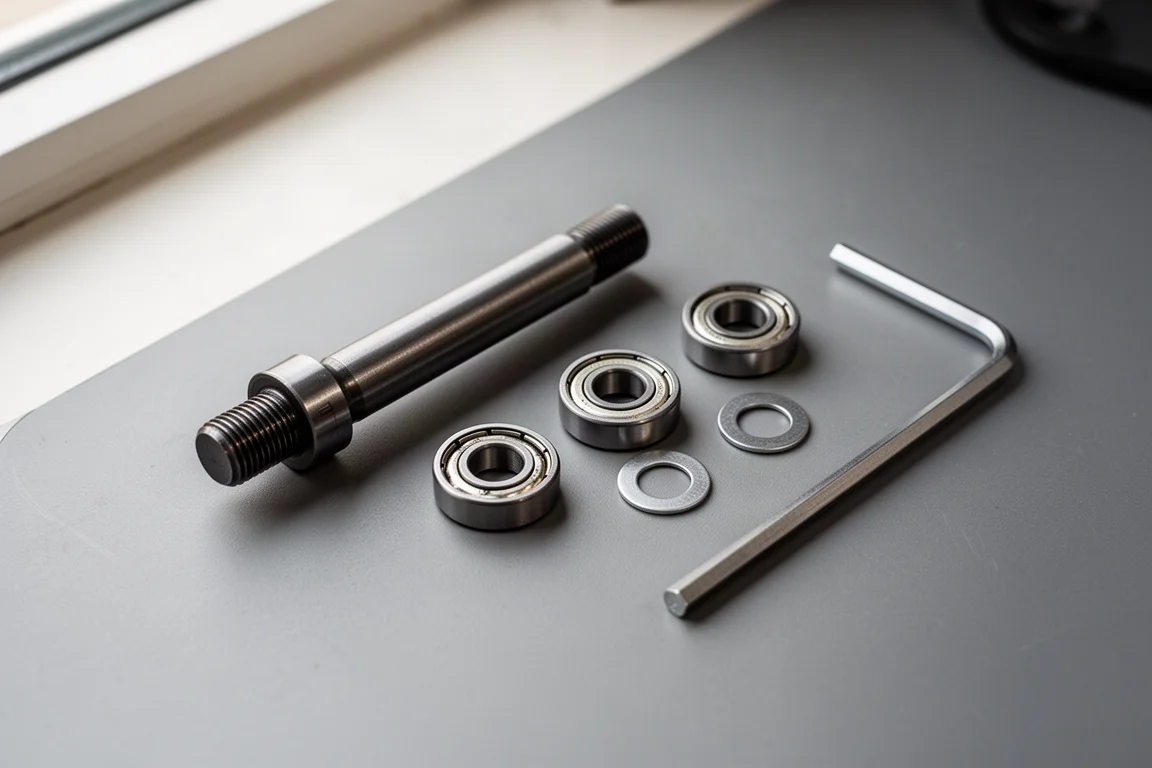 Pedal axle, cartridge bearings and washers laid out on a workbench