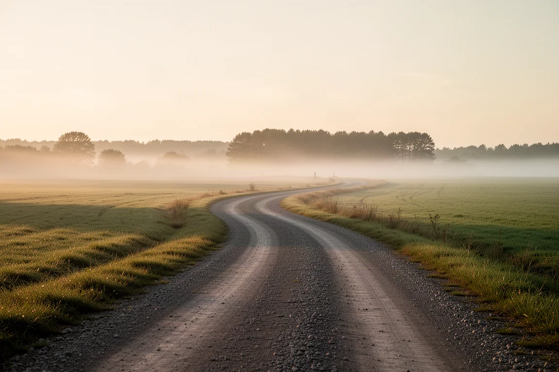 Gravel road curving through misty farmland at sunrise