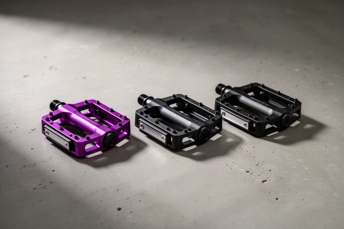 Three pairs of flat-profile bicycle pedals on a concrete surface, one pair in purple