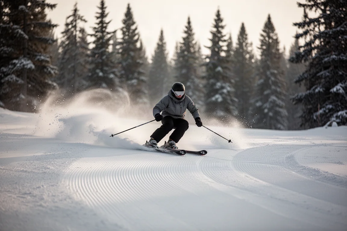 Skifahrerin zieht eine saubere Kurve auf frisch präparierter Piste im schwachen Morgenlicht