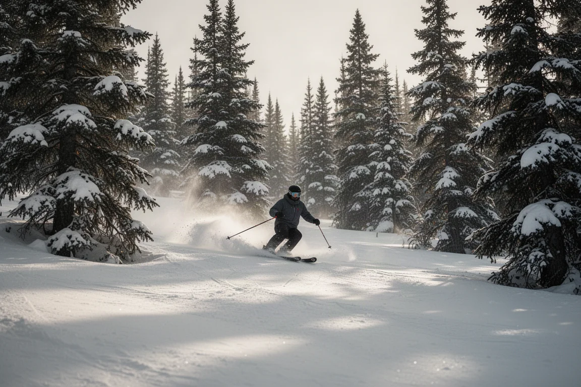 Skifahrerin windet sich zwischen schneebedeckten Nadelbäumen an einem sanften Nachmittagshang