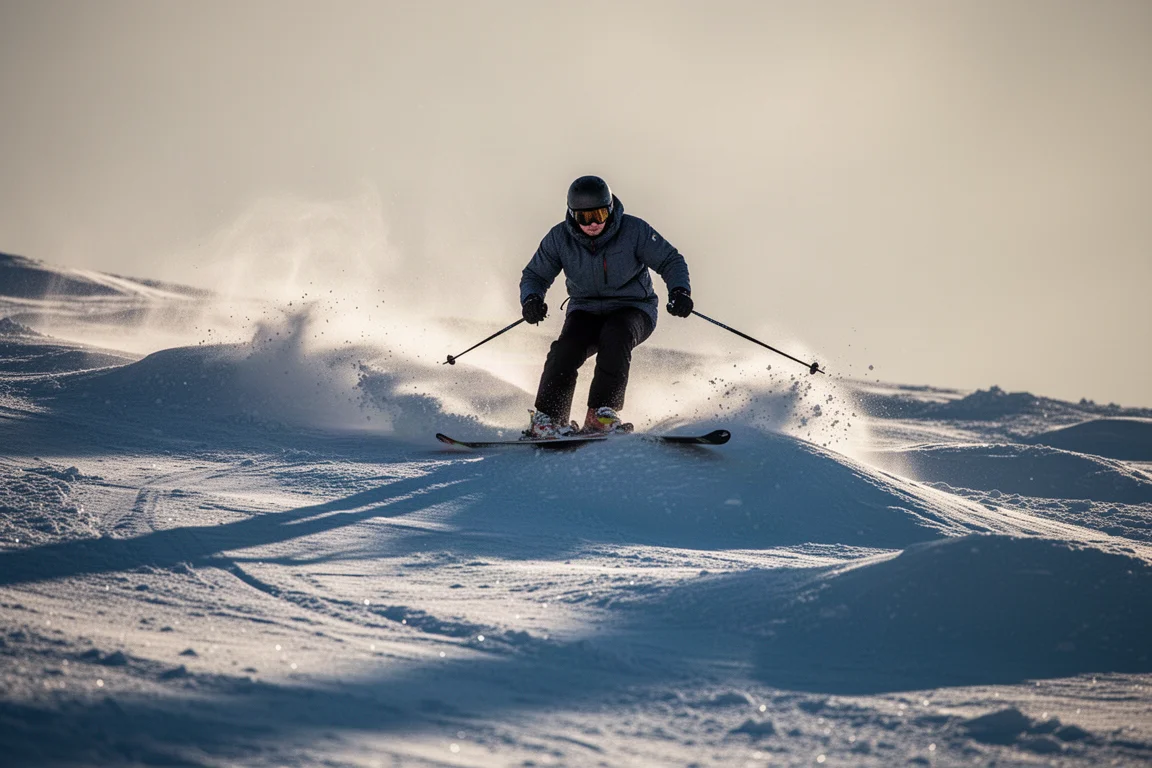 Skifahrerin fährt eine Buckelpiste im späten Nachmittagslicht ab
