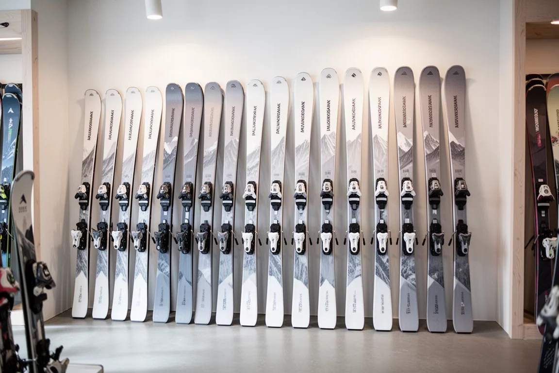 Wanddisplay mit All-Mountain-Skiern für Damen in einem hellen Skishop