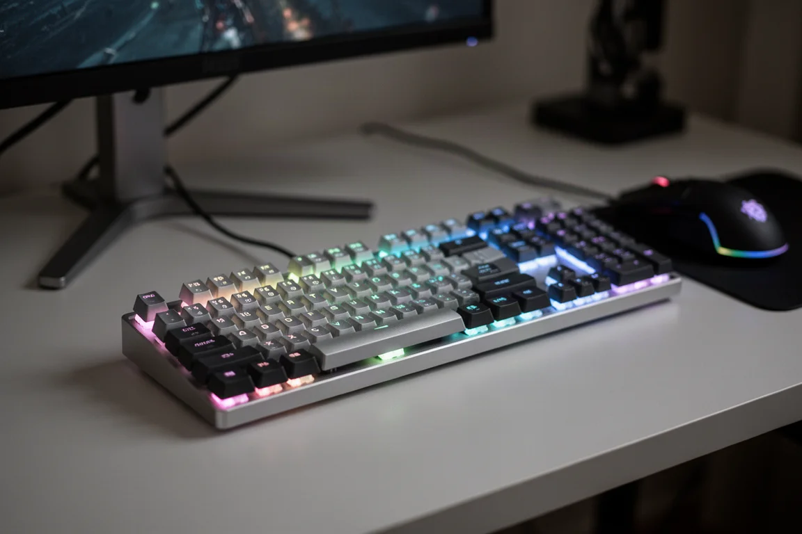 昏暗房間中,RGB 背光電競鍵盤置於桌上