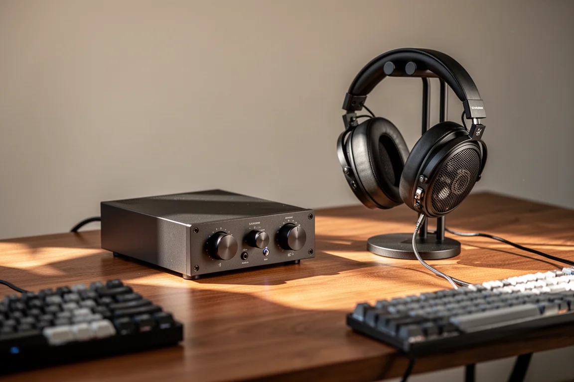 Amplificateur casque compact et casque ouvert sur un bureau en bois dans la lumière du soir