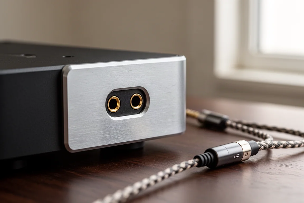 Gros plan sur une petite prise casque symétrique sur la face avant d'un amplificateur compact