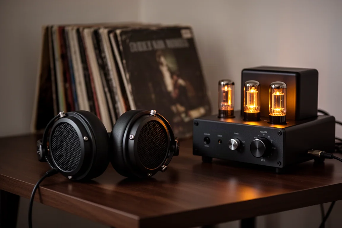 Casque ouvert à côté d'un petit amplificateur à tubes avec des tubes à vide faiblement lumineux