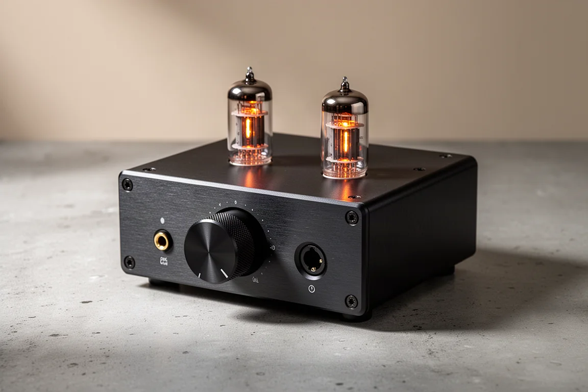 Compact tube headphone amplifier with glowing tubes and volume knob on a concrete surface