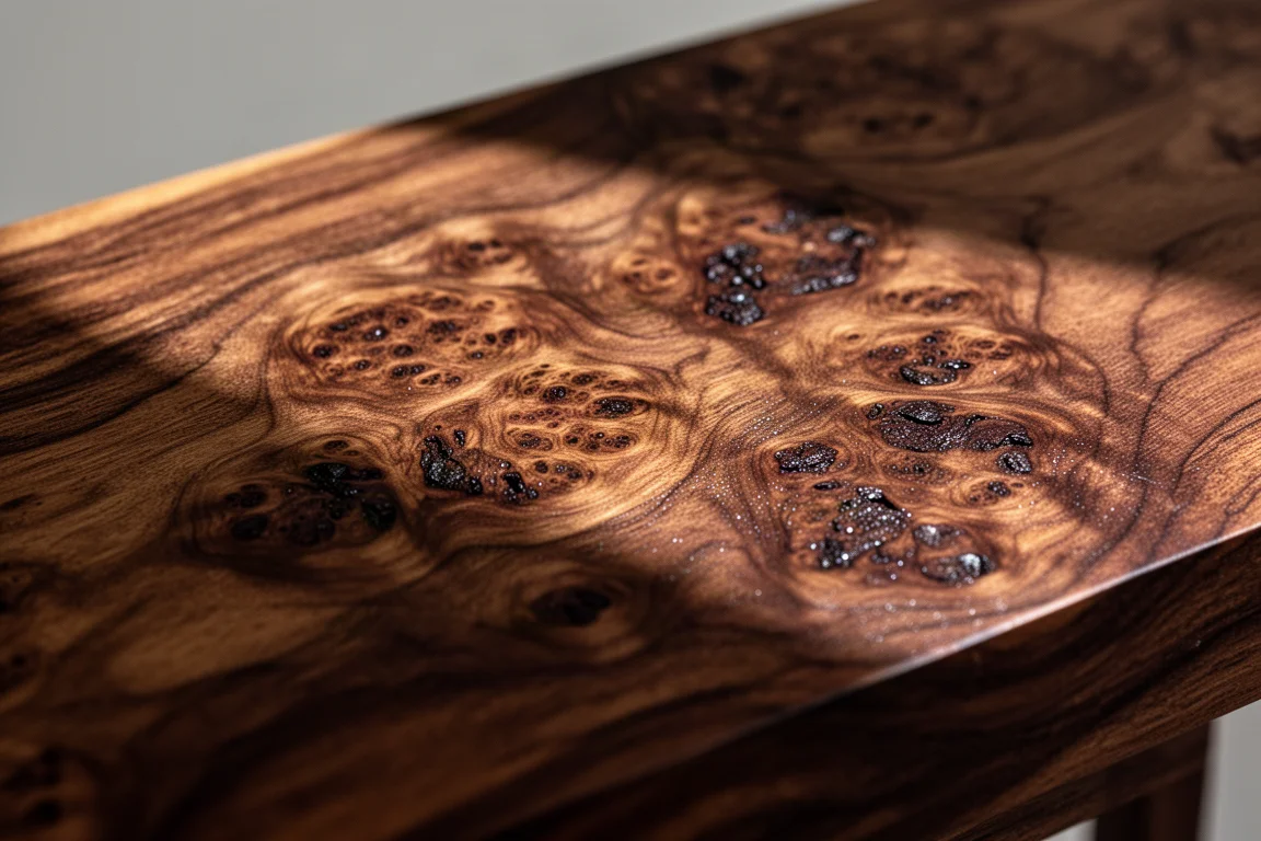 Primer plano de la veta remolinos del burl de palisandro con dibujo brillante