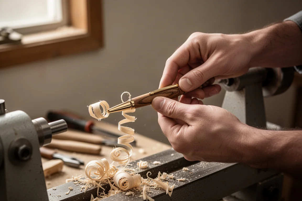 Manos artesanales dando forma a un cuerpo de pluma de madera en un banco de trabajo