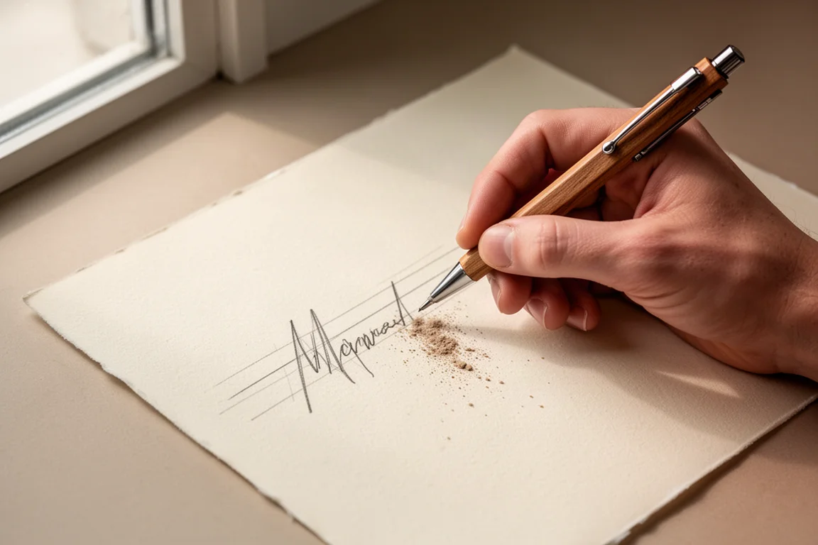 Mano escribiendo líneas finas suaves sobre papel con un portaminas