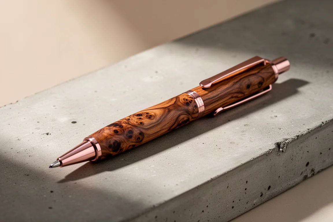 Handmade rosewood burl mechanical pencil with pink-gold clip on concrete