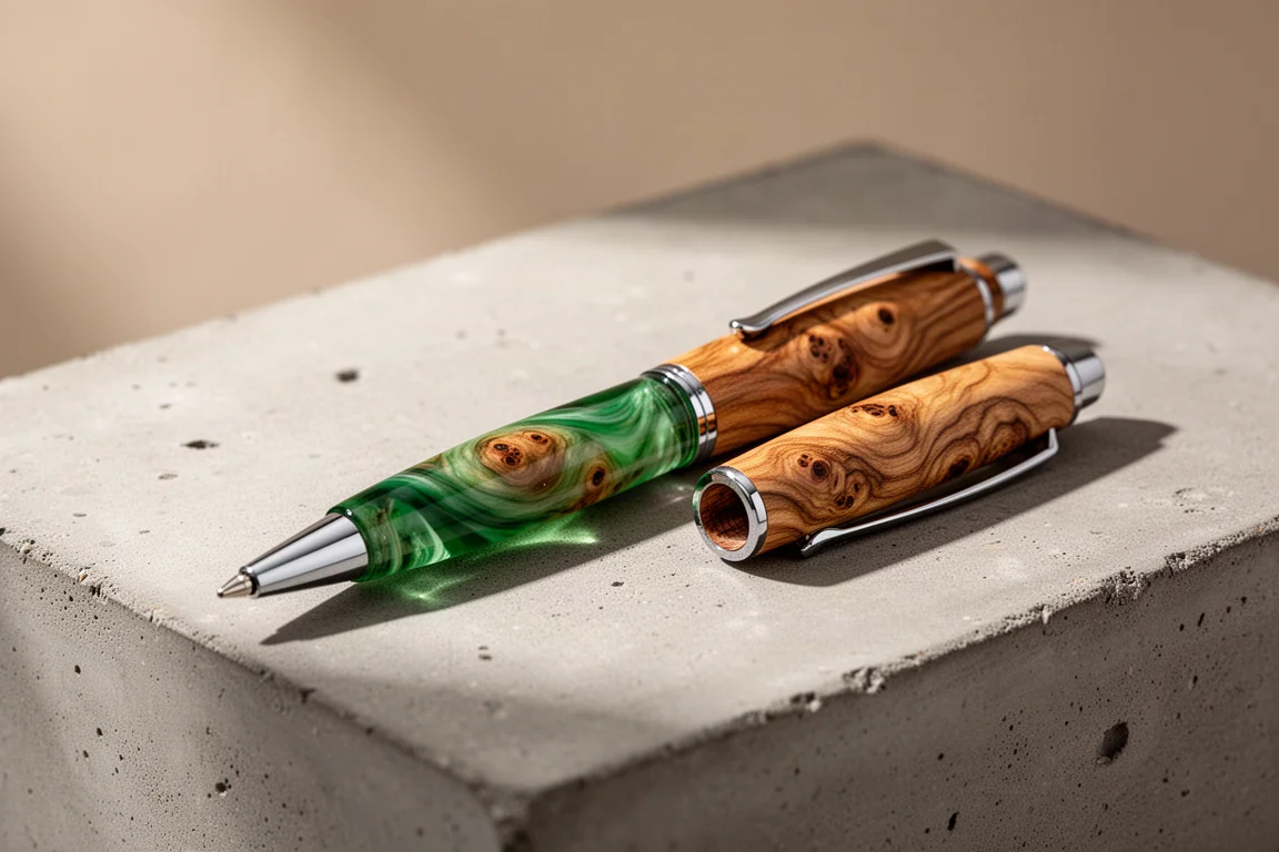 Handcrafted hybrid wood and acrylic pen on a concrete surface