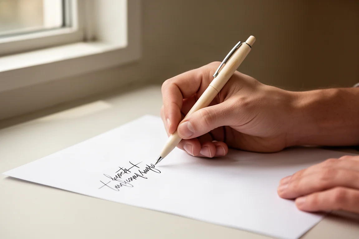 Eine Hand schreibt geschmeidig mit einem hellen Holzstift auf weißem Papier