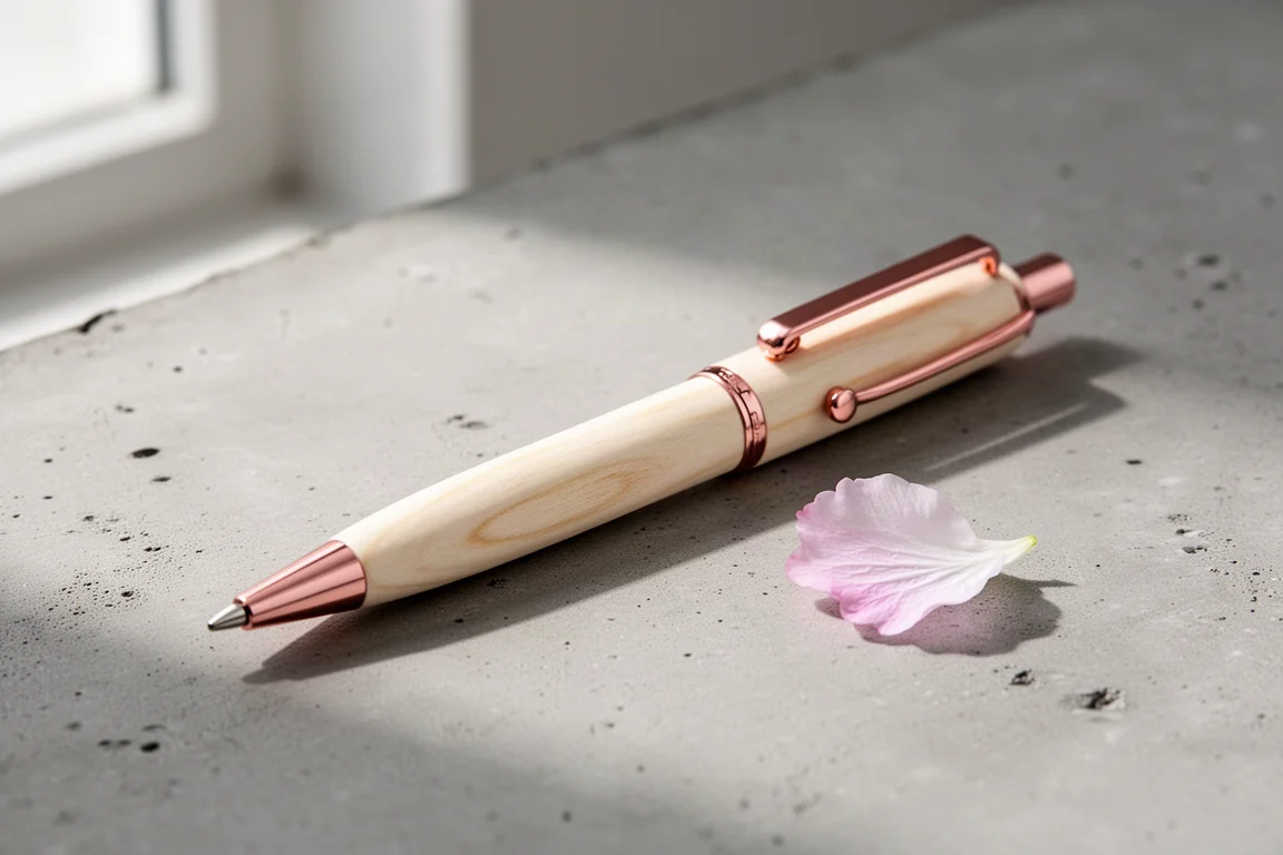 Pale Someiyoshino wooden ballpoint pen with pink-gold clip on a concrete surface