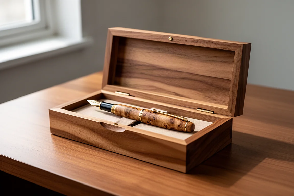 Un stylo plume en bois posé dans une boîte de présentation en bois ouverte