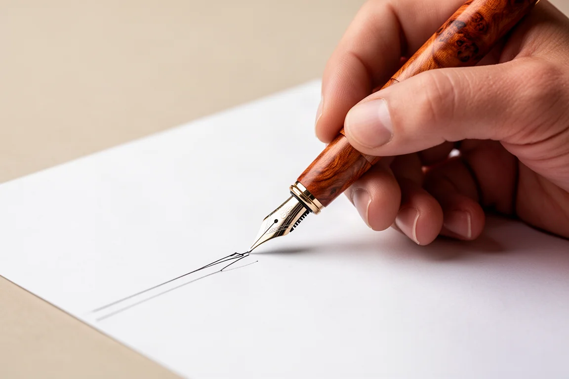 Une main écrivant avec un stylo plume en bois sur du papier blanc