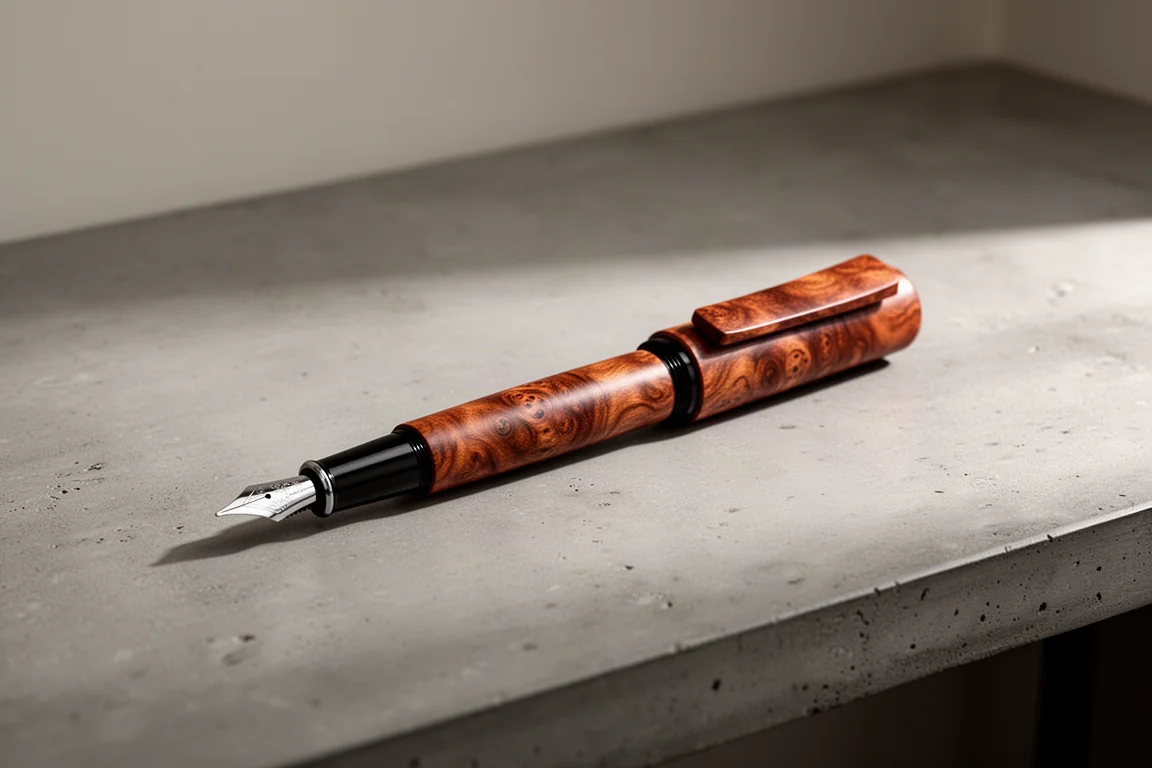 Stylo plume en bois avec capuchon posté, équilibre bas sur un bureau