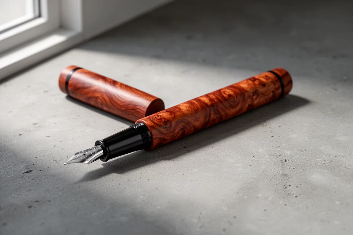 Handmade wooden fountain pen with reddish burl wood body and black ebonite section on concrete