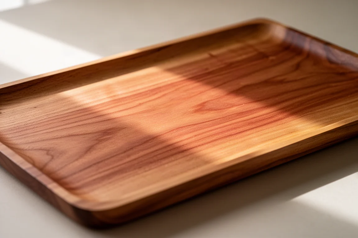 Close-up of warm reddish cherry wood grain on a rectangular pen tray
