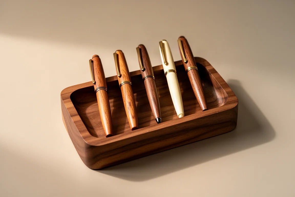 Row of wooden writing instruments arranged neatly in a wooden pen tray