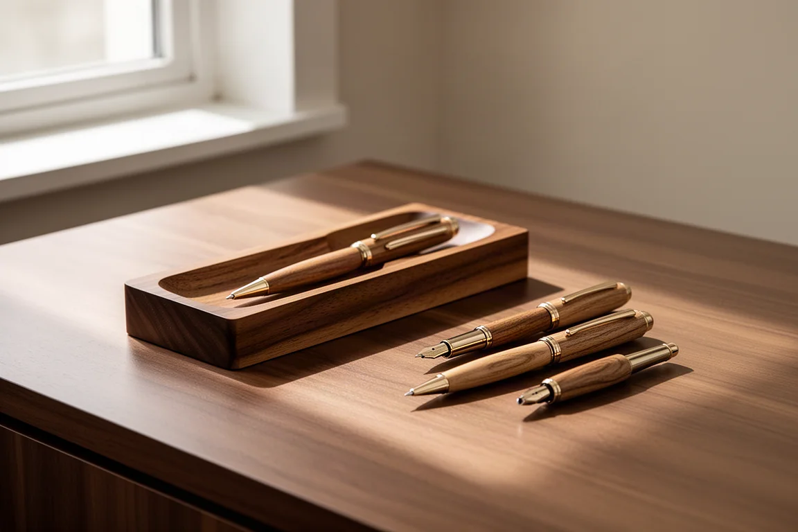 Wooden desk scene with pens laid out beside a wooden tray in soft daylight
