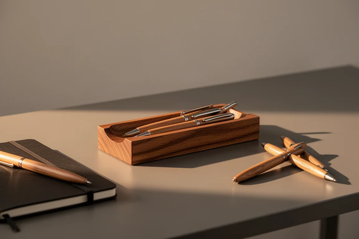 Wooden pen tray displayed on a desk in warm evening light as part of a stationery setup