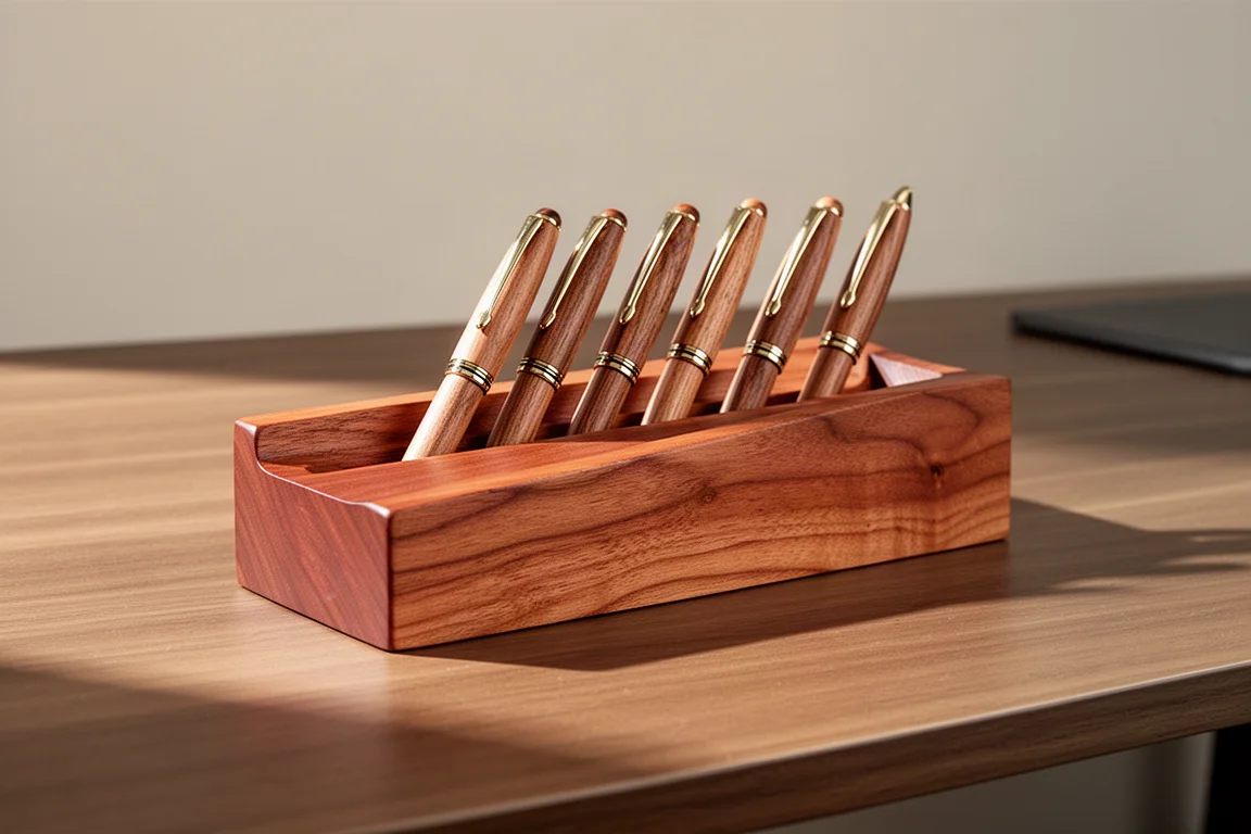 Rectangular mountain cherry wooden pen tray holding six wooden pens on a desk
