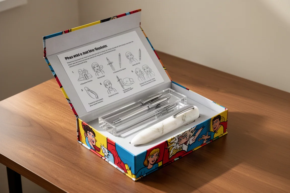 Boîte cadeau au design pop ouverte, révélant une notice illustrée et un stylo en résine