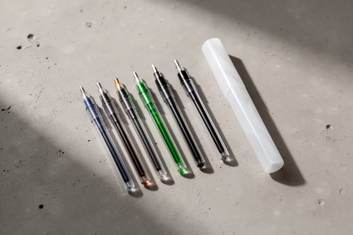 Recharges de stylo gel de plusieurs couleurs disposées sur une surface en béton