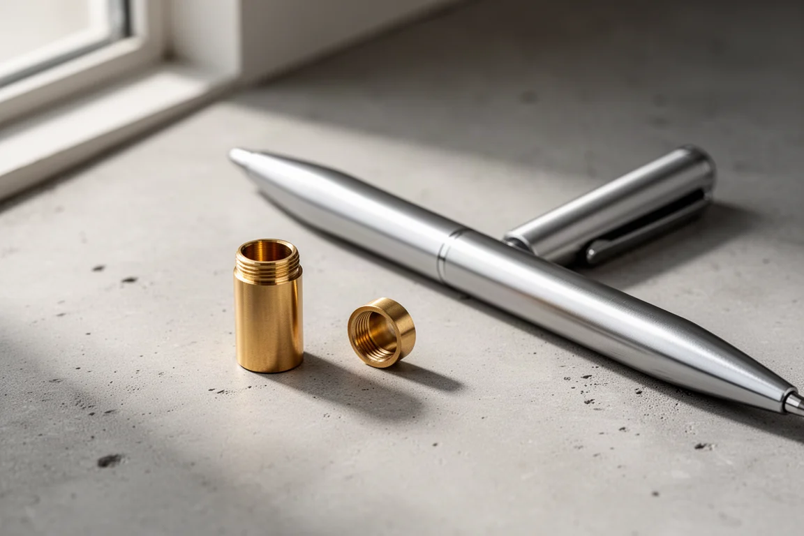 Machined metal pen refill adapter beside a slim aluminum ballpoint pen on concrete