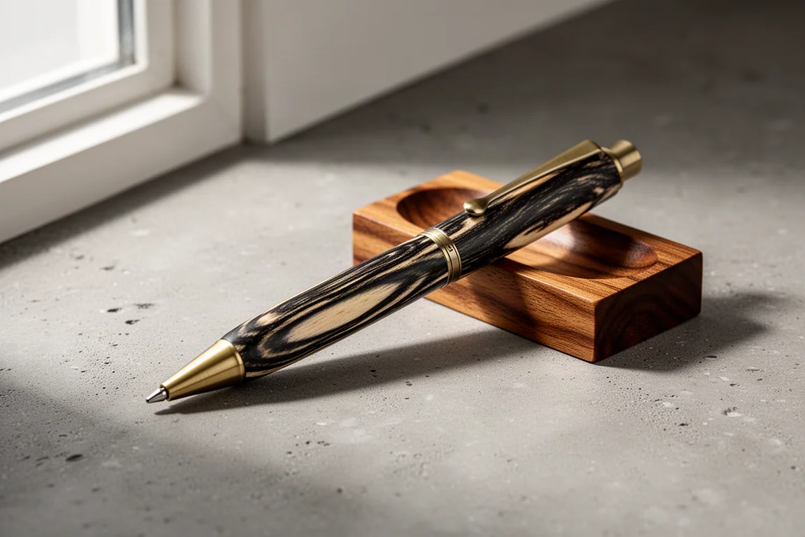 Handcrafted black persimmon wooden ballpoint pen beside a wooden pen tray on concrete