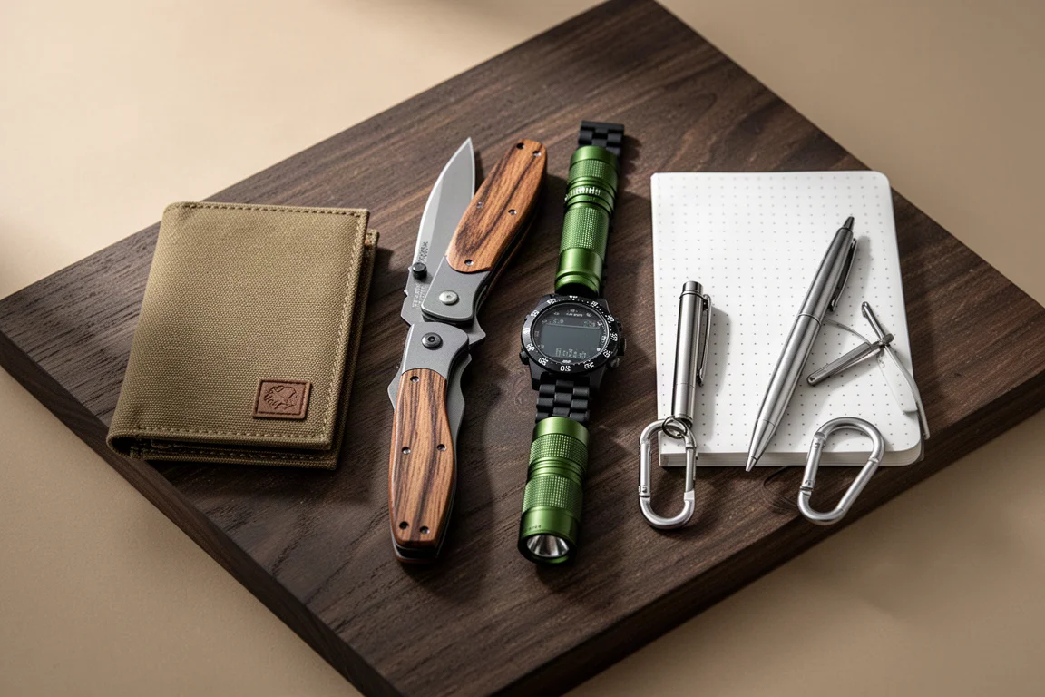 Woodland-themed everyday carry flat-lay with wallet, knife, flashlight, watch, notebook, and pen on dark wood