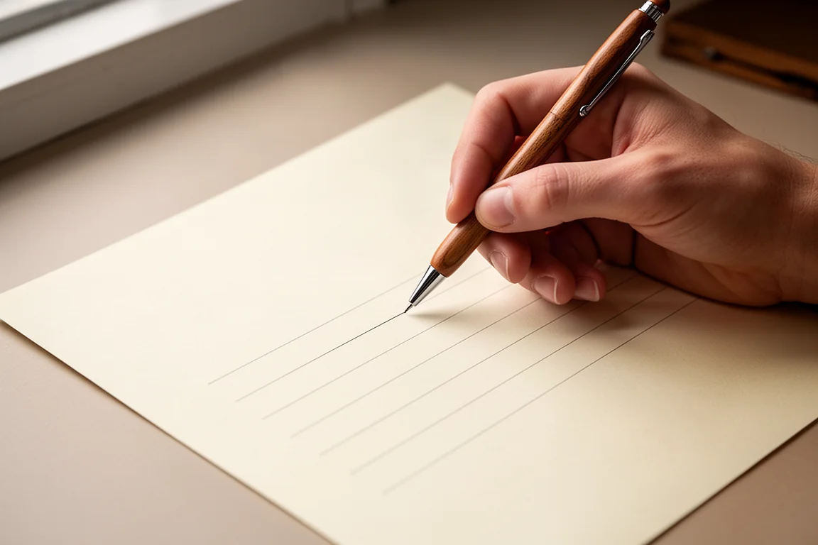 自然光の下、紙の上に木製ボールペンで書く手元