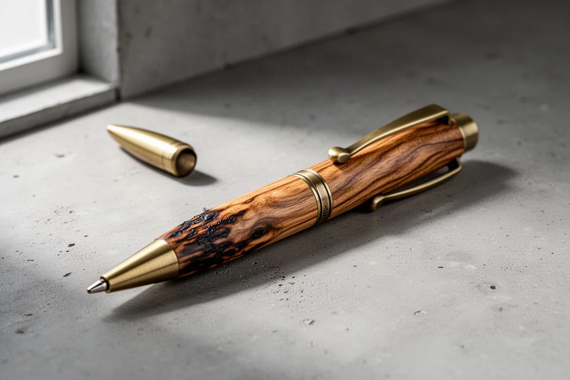 Handcrafted wooden ballpoint pen with figured grain and antique brass clip on concrete surface