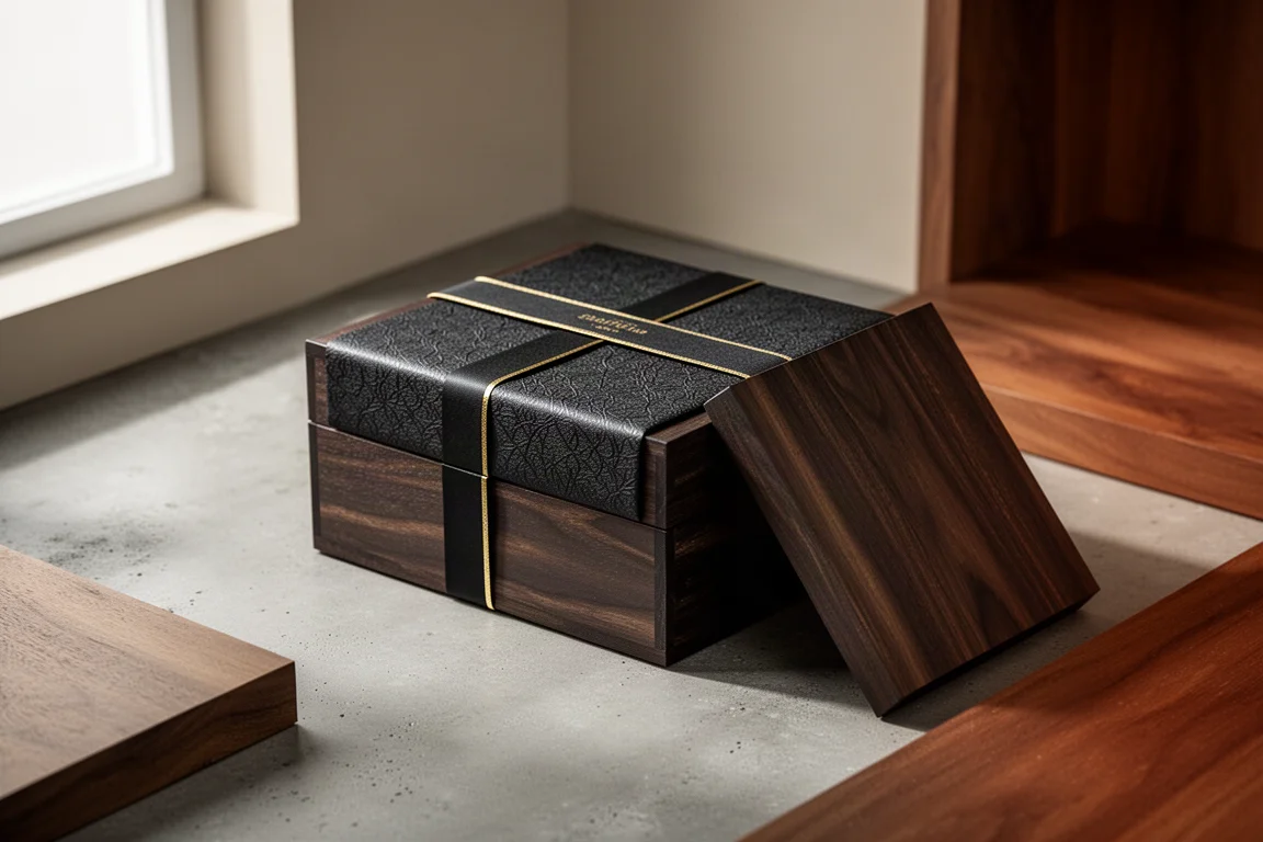 A wooden pen resting on the lid of a dark wooden gift box with textured paper wrapping