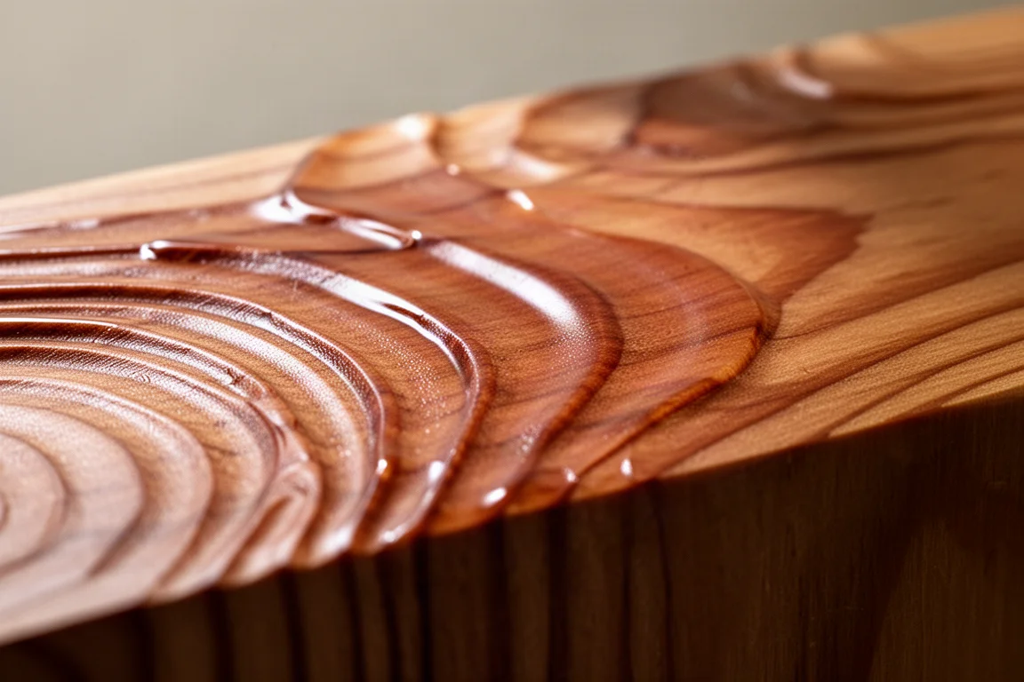 Close-up of sculpted cedar grain with raised winter growth rings under soft light