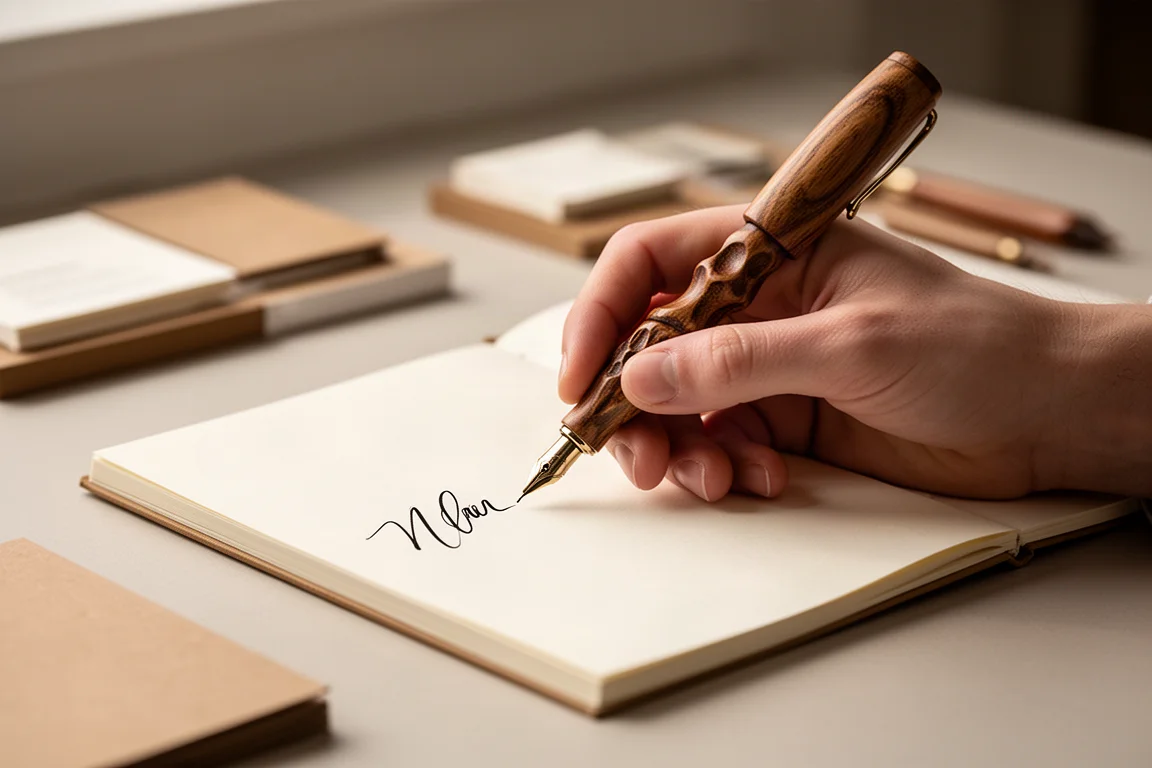 Hand holding a textured wooden pen over a notebook mid-writing with smooth dark ink lines