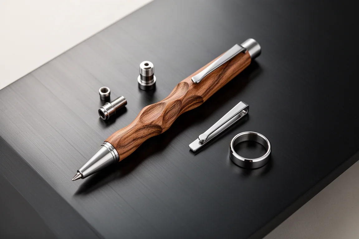 Wooden pen beside its metal parts laid out on a dark desk showing clip and ring pieces