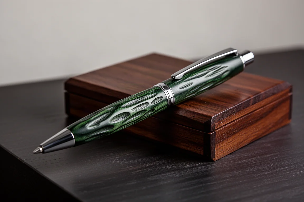 Handmade wooden ballpoint pen with sculpted grain resting on a dark wooden box lid