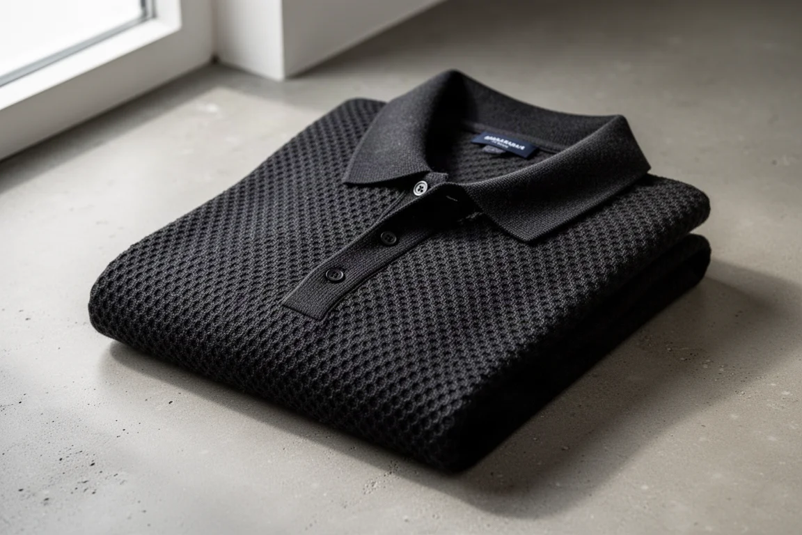 Zusammengelegtes schwarzes Merino-Poloshirt mit Wabenstruktur auf Betonoberfläche