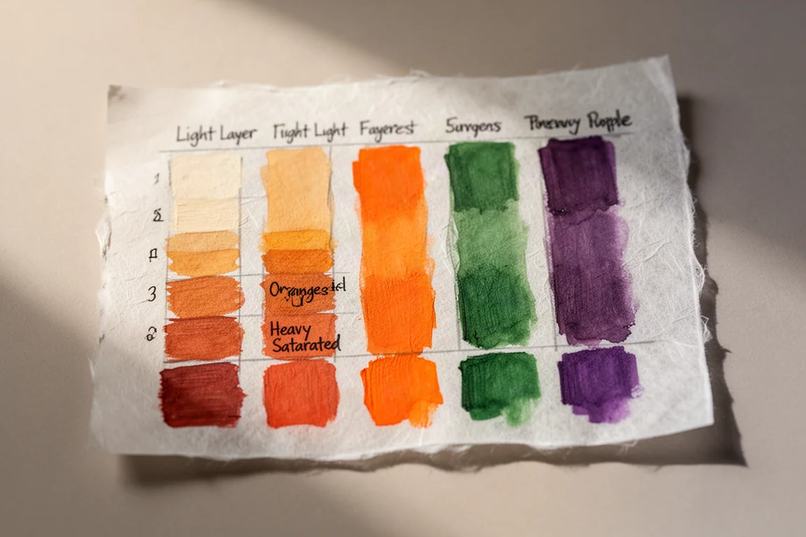 Tabella di campionature con colonne di colori stratificati su carta ruvida
