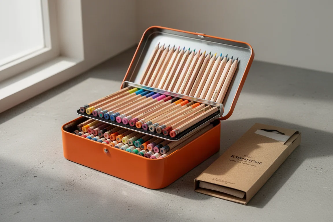 Open orange tin of colored pencils with cardboard sleeve on concrete surface
