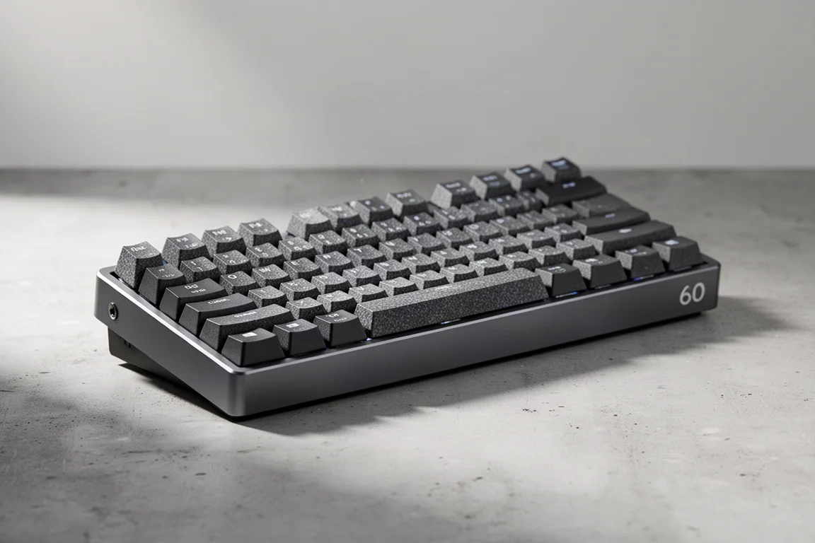 コンクリートのテーブルに置かれた、さまざまなサイズと素材のゲーミングキーボードのラインアップ