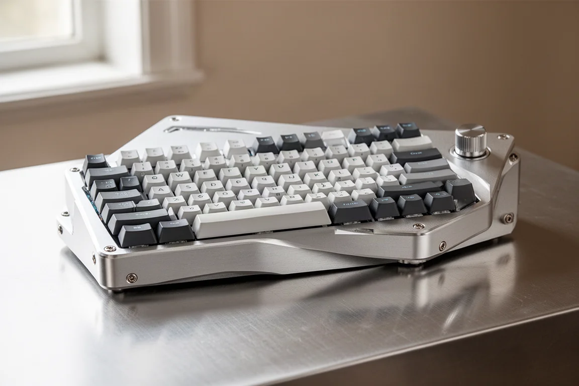 コンクリートのテーブルにさまざまなサイズと素材のゲーミングキーボードが並んでいる様子