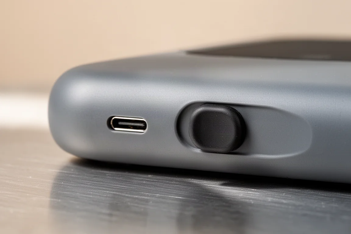Nahaufnahme eines USB-C-Ladeanschlusses mit Gummischutzkappe an einer tragbaren Leuchte