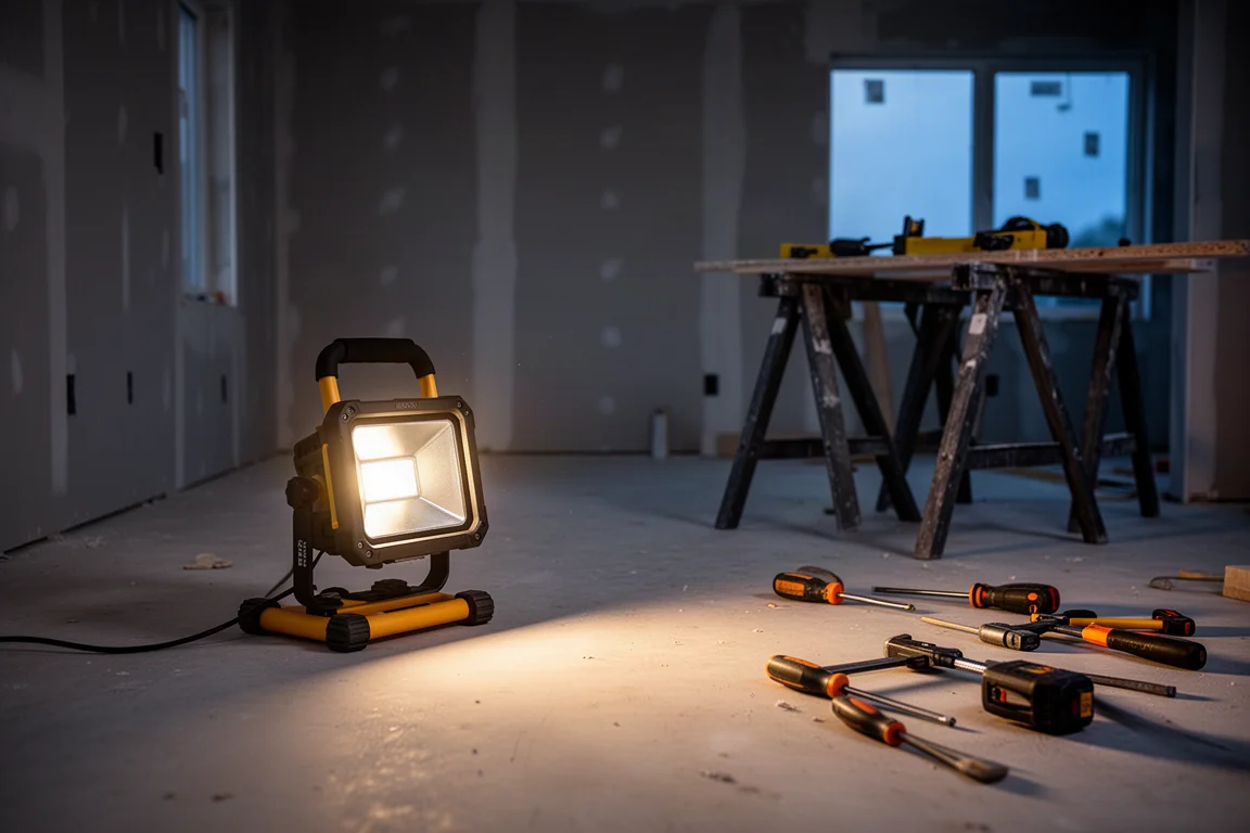 Tragbare Arbeitsleuchte auf dem Boden einer Baustelle in der Abenddämmerung, beleuchtet einen Projektbereich