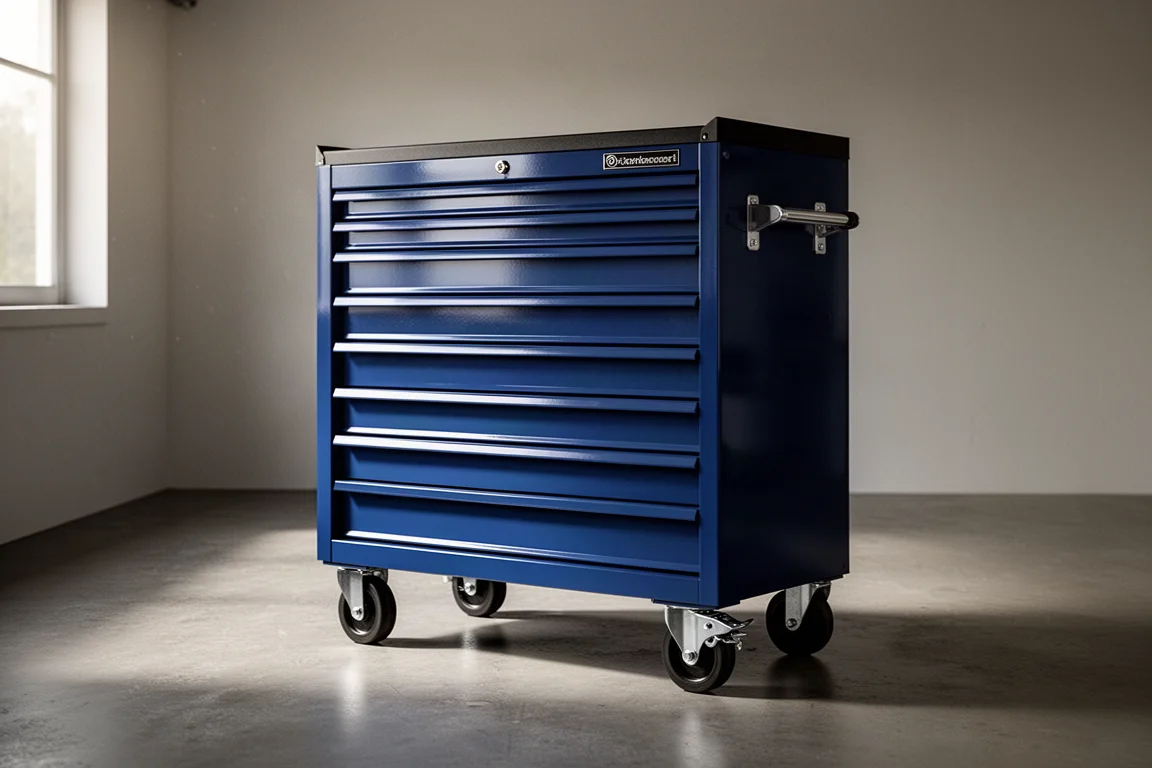 Deep blue nine-drawer rolling tool cabinet on a concrete garage floor